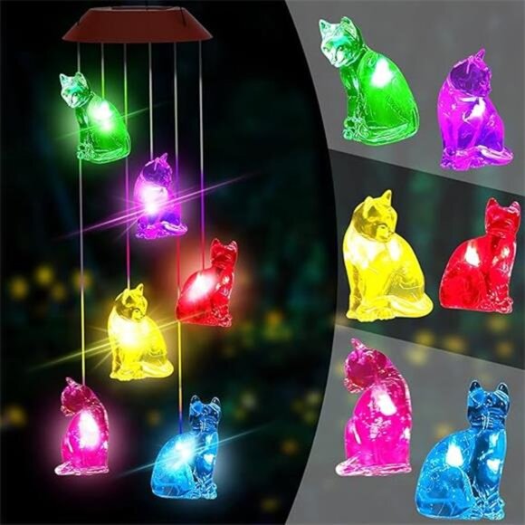 Cat Solar Wind Chimes Light,Solar Cat Wind Chimes Outside,Cat Solar Light Gifts - Picture 7 of 7